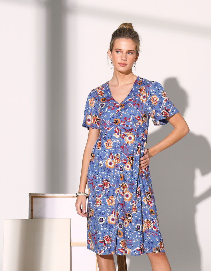 Robe boutonnée imprimée manches courtes (bleu grisé)