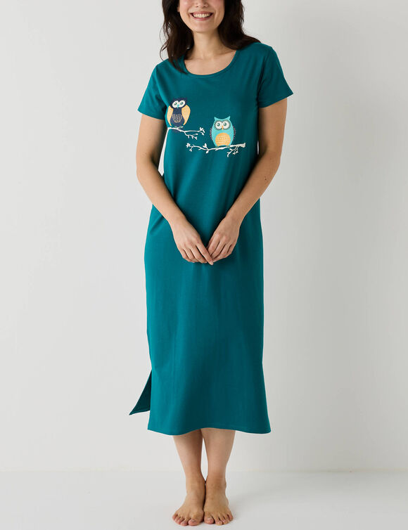 Chemise de nuit longue manches courtes motifs "hiboux" (vert sapin)