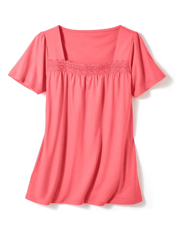 Tee-shirt macramé col carré - uni (corail) Tee-shirt macramé col carré - uni (corail)