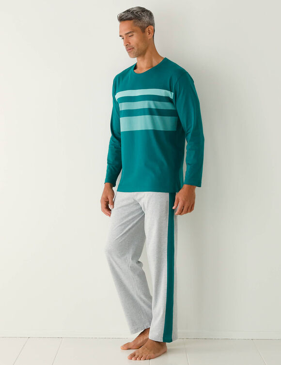 Pyjama coton rayures placées col rond (vert / gris)