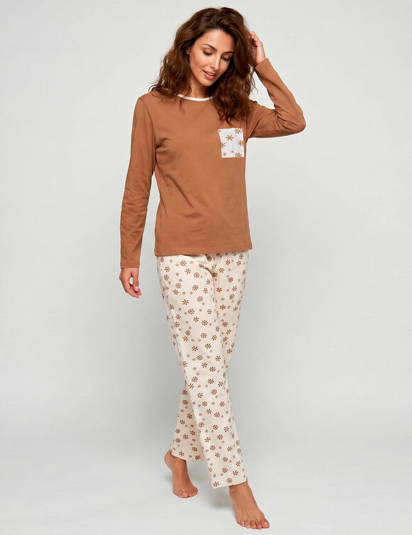 Pyjama pantalon imprim&eacute; flocons, jersey pur coton (&eacute;cru / caramel)