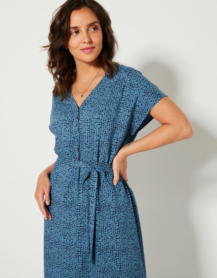 Robe droite longue fluide manches courtes, imprimé (bleu / marine)