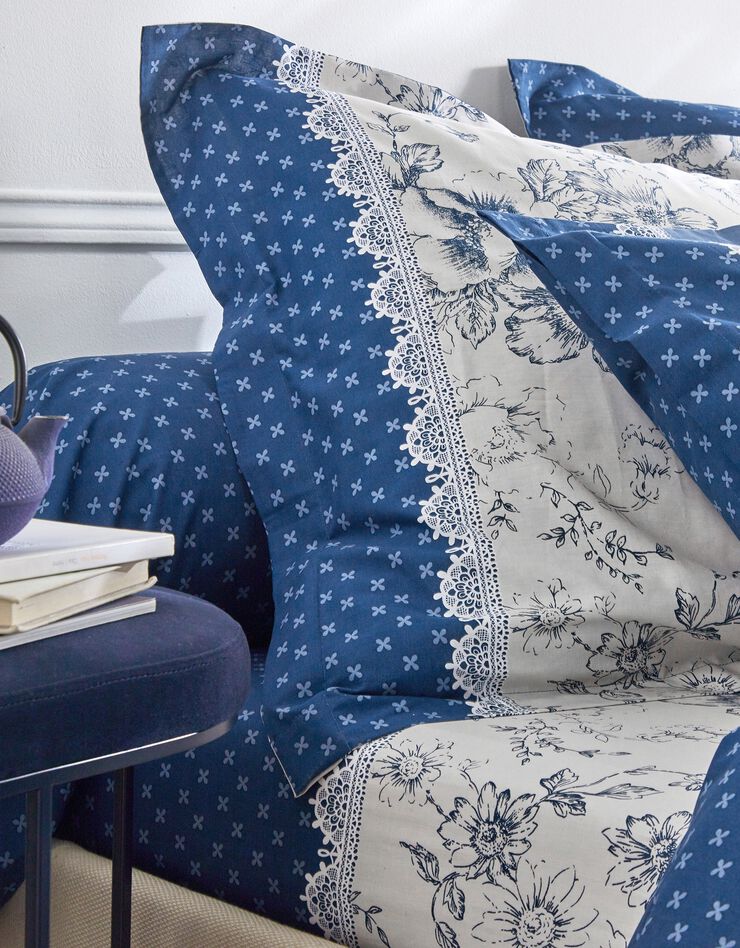 Linge de lit Gabrielle en coton imprimé pois, fleurs et dentelle (bleu marine)