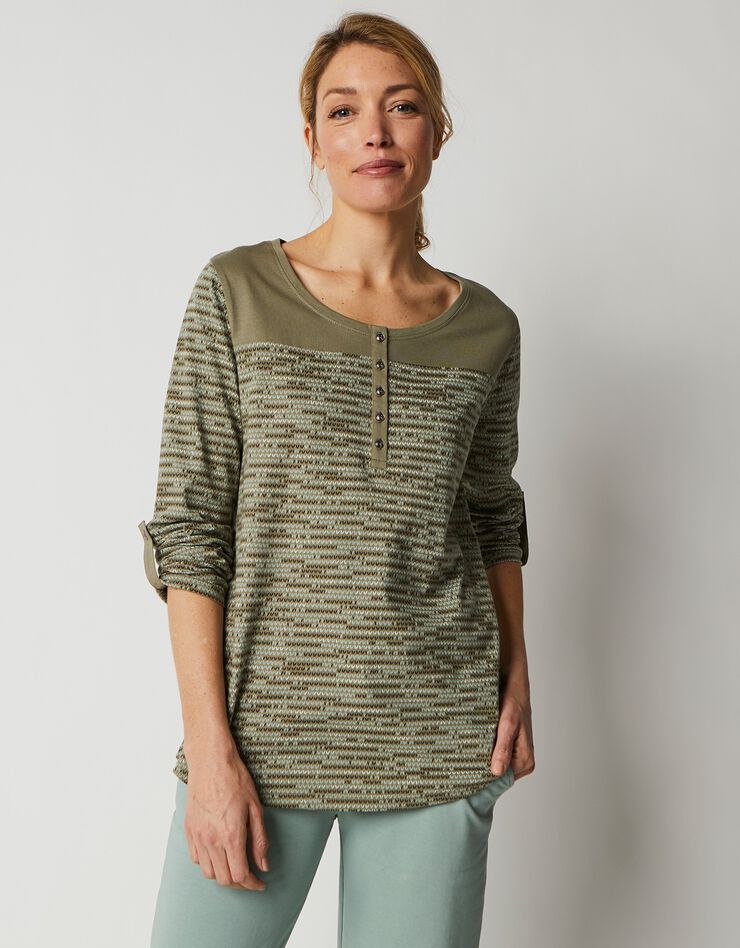 Tee-shirt col tunisien imprimé chiné (kaki chiné) Tee-shirt col tunisien imprimé chiné (kaki chiné)