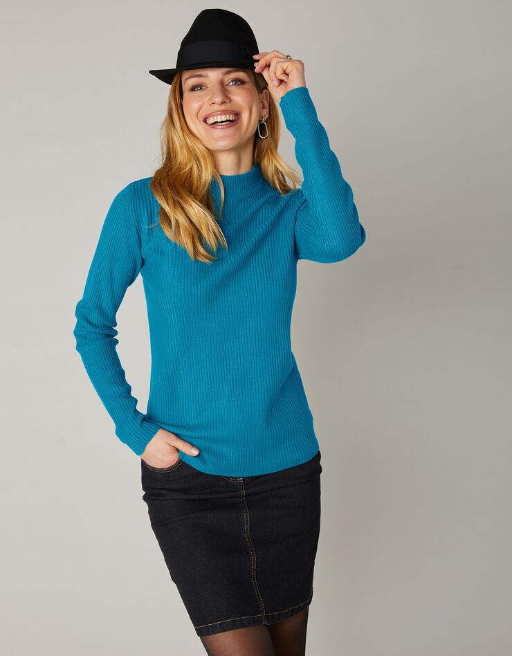 Pull col montant court, maille côtelée (bleu prusse) Pull col montant court, maille côtelée (bleu prusse)