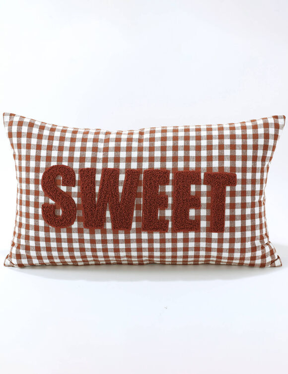 Coussin en coton, message SWEET et carreaux tissé-teint  (caramel)