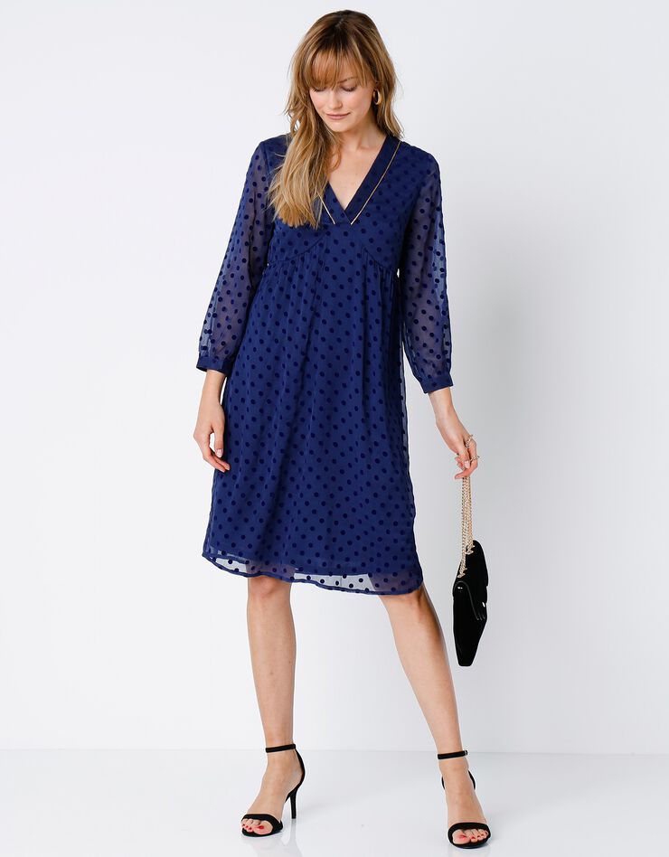 Robe plumetis manches 7/8ème (bleu nuit) Robe plumetis manches 7/8ème (bleu nuit)