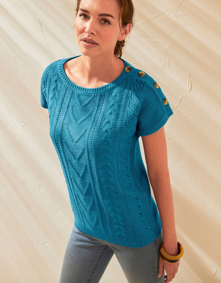 Pull torsadé toucher cachemire, manches courtes (bleu) Pull torsadé toucher cachemire, manches courtes (bleu)