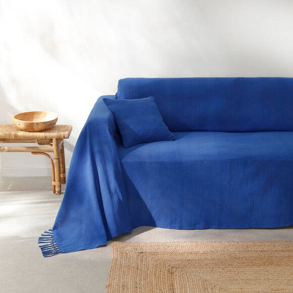   Plaid ou jet&eacute; uni coton tissage artisanal (bleu)