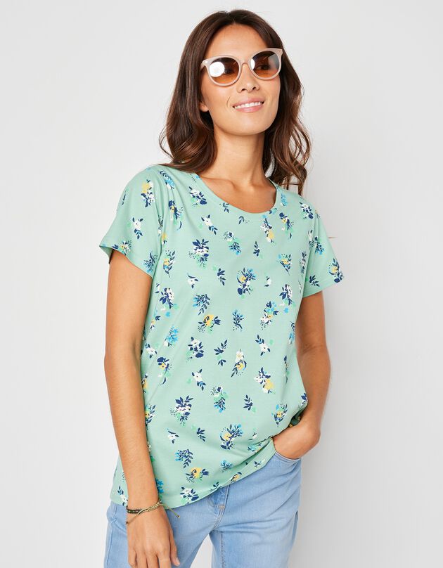 Tee-shirt col rond imprimé fleuri coton (vert d'eau)