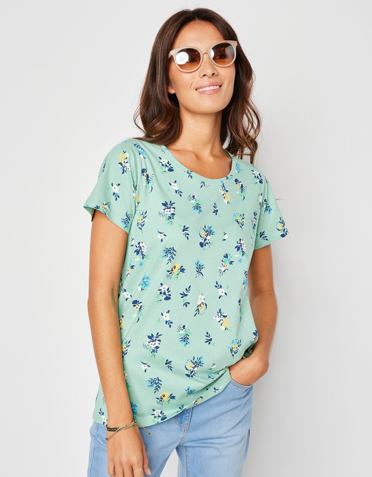 Tee-shirt col rond imprimé fleuri coton (vert d'eau) Tee-shirt col rond imprimé fleuri coton (vert d'eau)