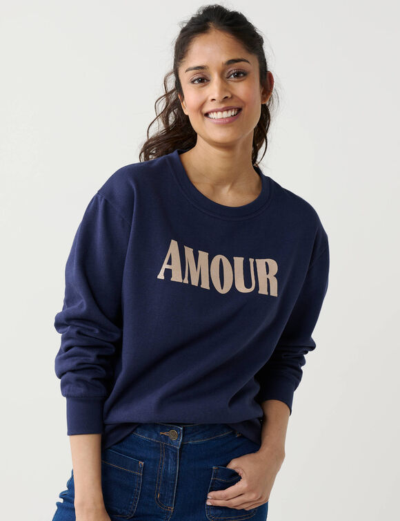 Sweat &agrave; message brillant Amour, en molleton gratt&eacute; (marine)