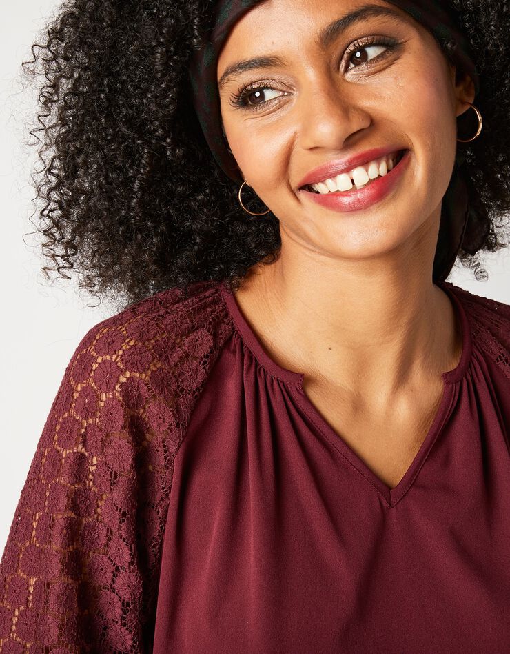 Blouse unie manches dentelle (prune) Blouse unie manches dentelle (prune)