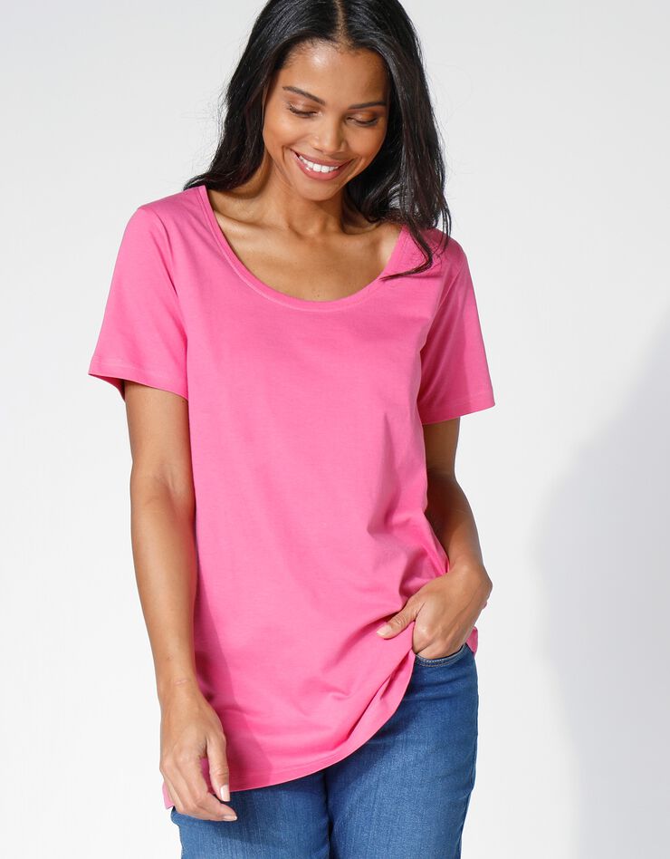 Tee-shirt uni col rond en coton bio(1), éco-responsable (rose) Tee-shirt uni col rond en coton bio(1), éco-responsable (rose)