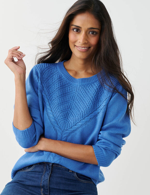 Pull col rond, maille fantaisie (bleu)