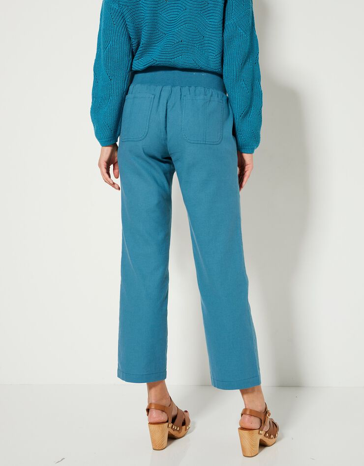 Pantalon coupe droite 7/8ème taille élastiquée, lin coton (bleu paon)