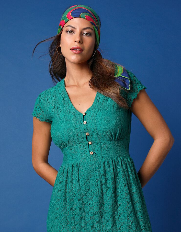 Robe longue col V dentelle macramé (vert)