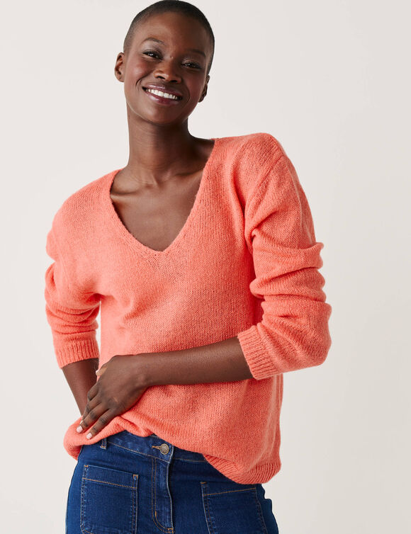 Pull col V manches longues, laine et mohair m&eacute;lang&eacute;s (corail)