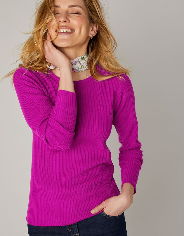 Pull col rond manches longues maille côtelée (rose fuchsia) Pull col rond manches longues maille côtelée (rose fuchsia)