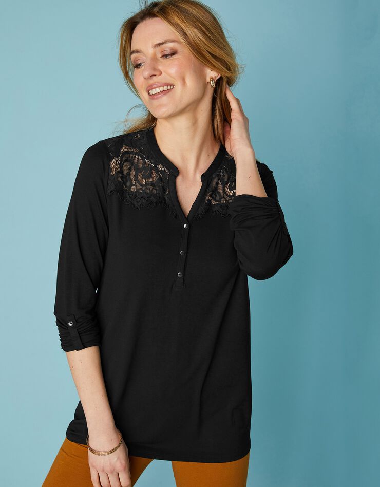 Tee-shirt col tunisien dentelle jersey (noir)