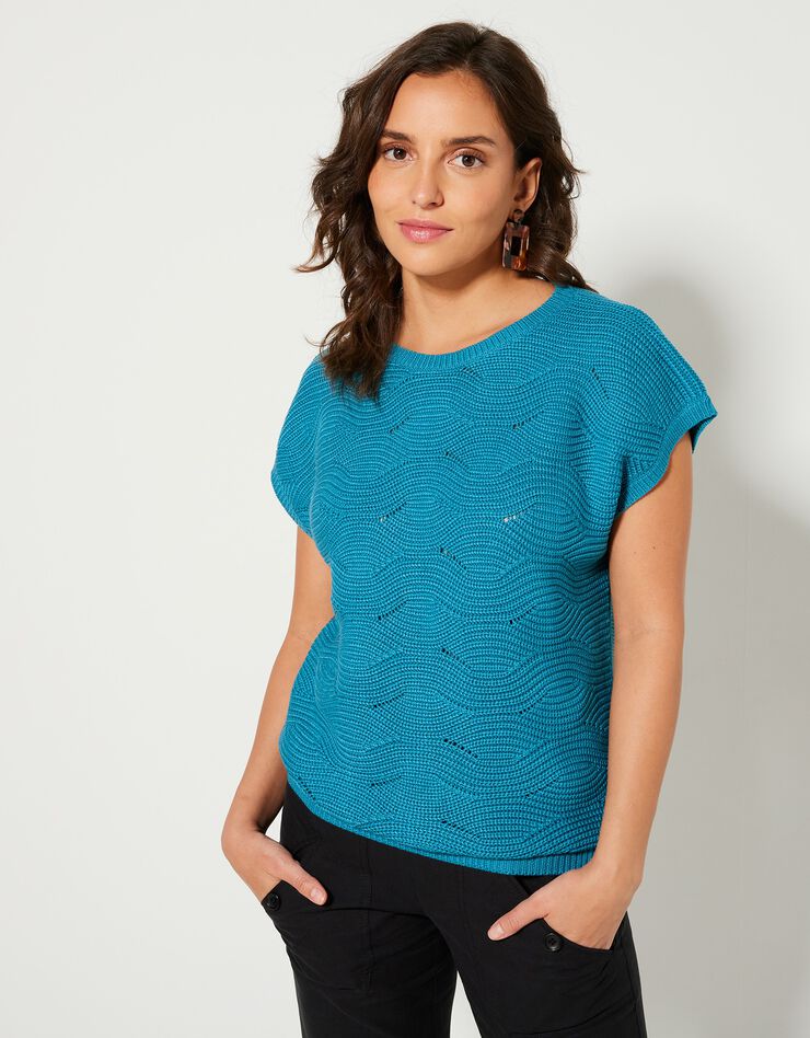 Pull manches courtes, maille fantaisie (turquoise) Pull manches courtes, maille fantaisie (turquoise)
