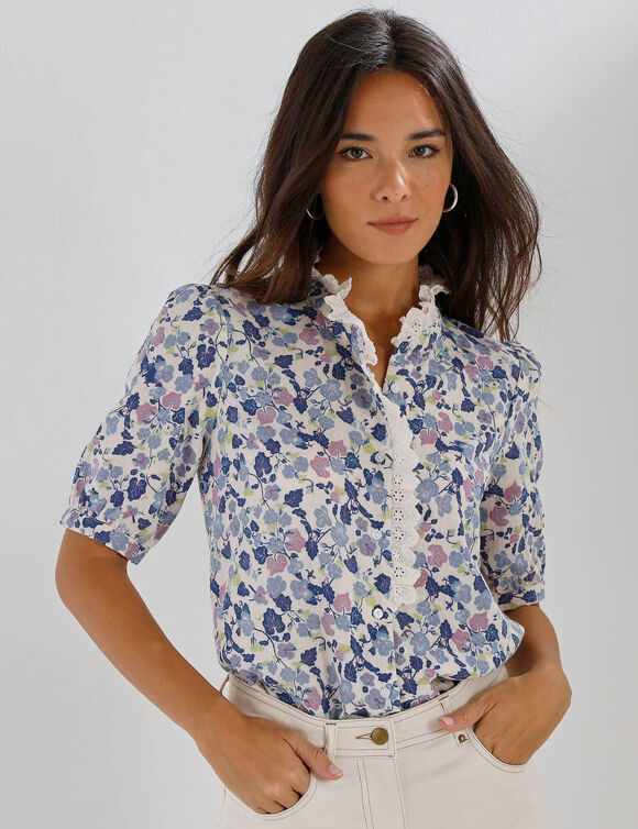 Chemisier &agrave; carreaux, en gaze de coton    (bleu / parme)