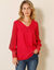 Blouse macramé col V manches longues, crêpe fluide (framboise)