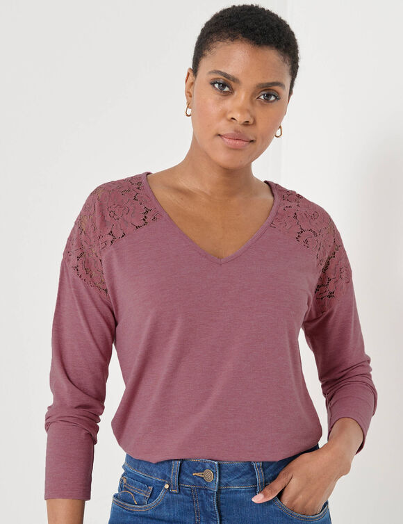 T-shirt col V manches longues dentelle (bois de rose chiné)