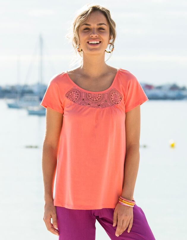 Tee-shirt plastron macramé (corail)