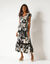 Robe longue macramé, imprimé tropical, taille smockée (noir / beige)
