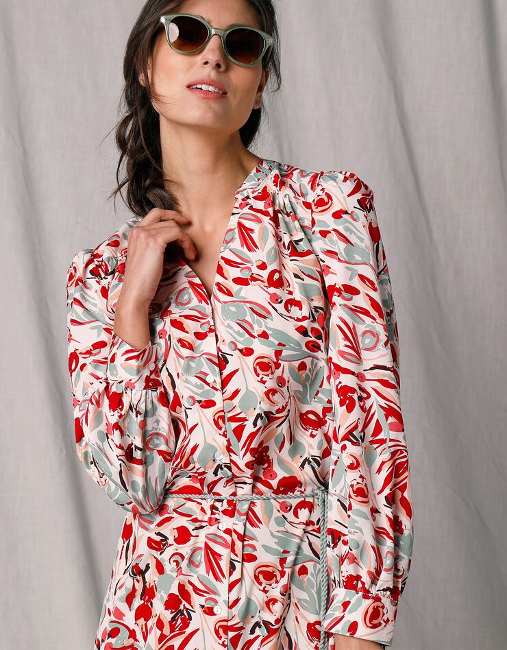 Robe-chemisier mi-longue crêpe imprimé (écru / rouge) Robe-chemisier mi-longue crêpe imprimé (écru / rouge)