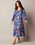 Robe longue col V, imprimé ikat (bleu)