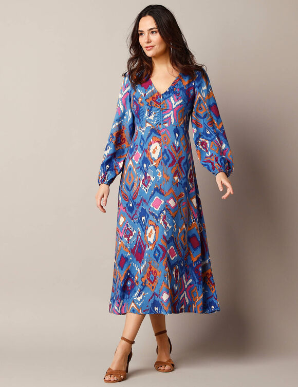 Robe longue col V, imprimé ikat (bleu)