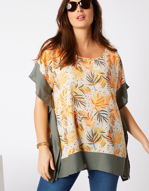 Blouse poncho imprimé feuillage (écru / kaki) Blouse poncho imprimé feuillage (écru / kaki)