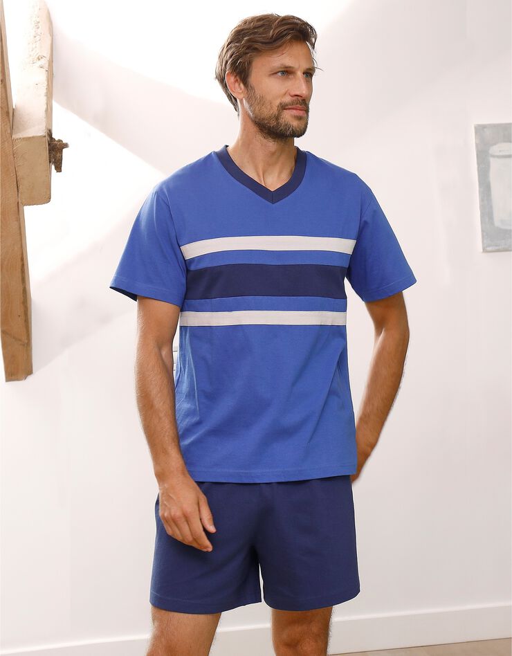 Pyjama short tricolore - lot de 2 (bleu + gris)
