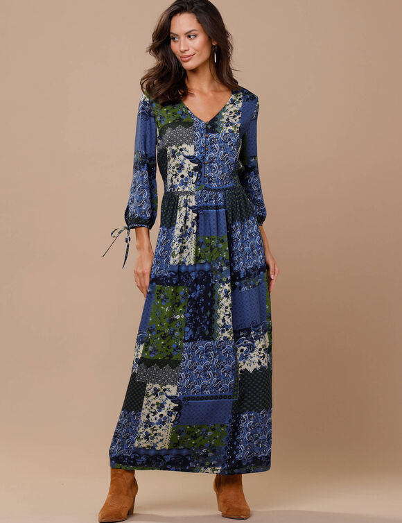 Robe longue imprimé patchwork col V (bleu / vert)