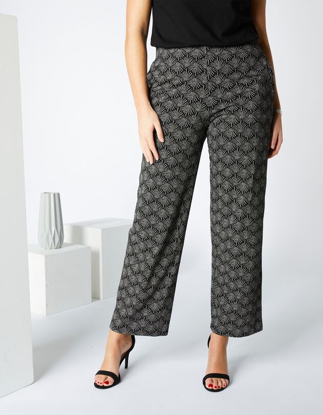 Pantalon large imprimé, maille (noir / écru)