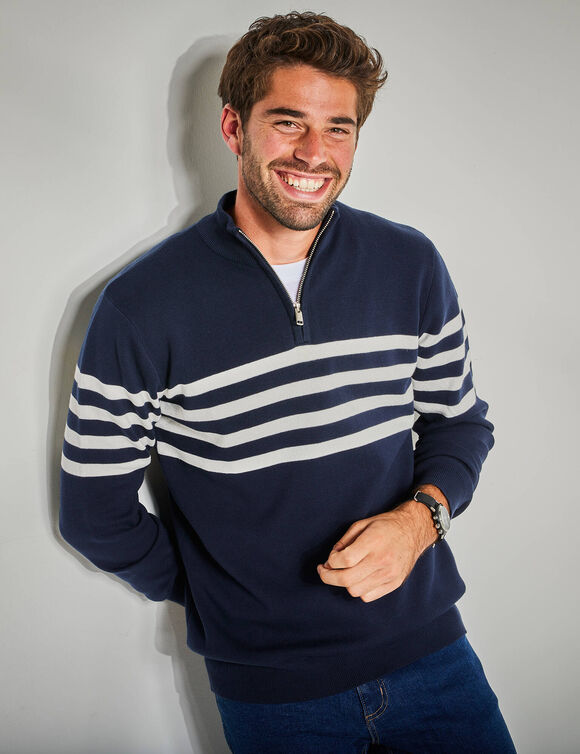 Pull rayé col polo zippé maille serrée (marine)