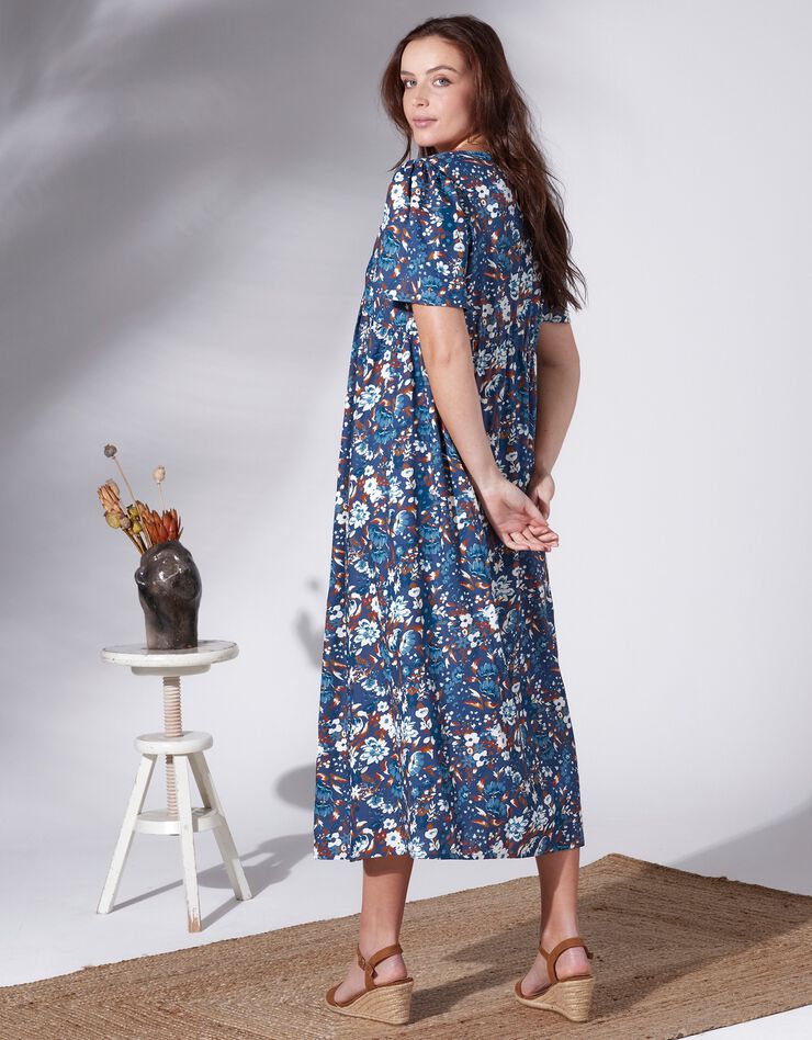 Robe longue imprimée manches courtes papillon (marine / écru)