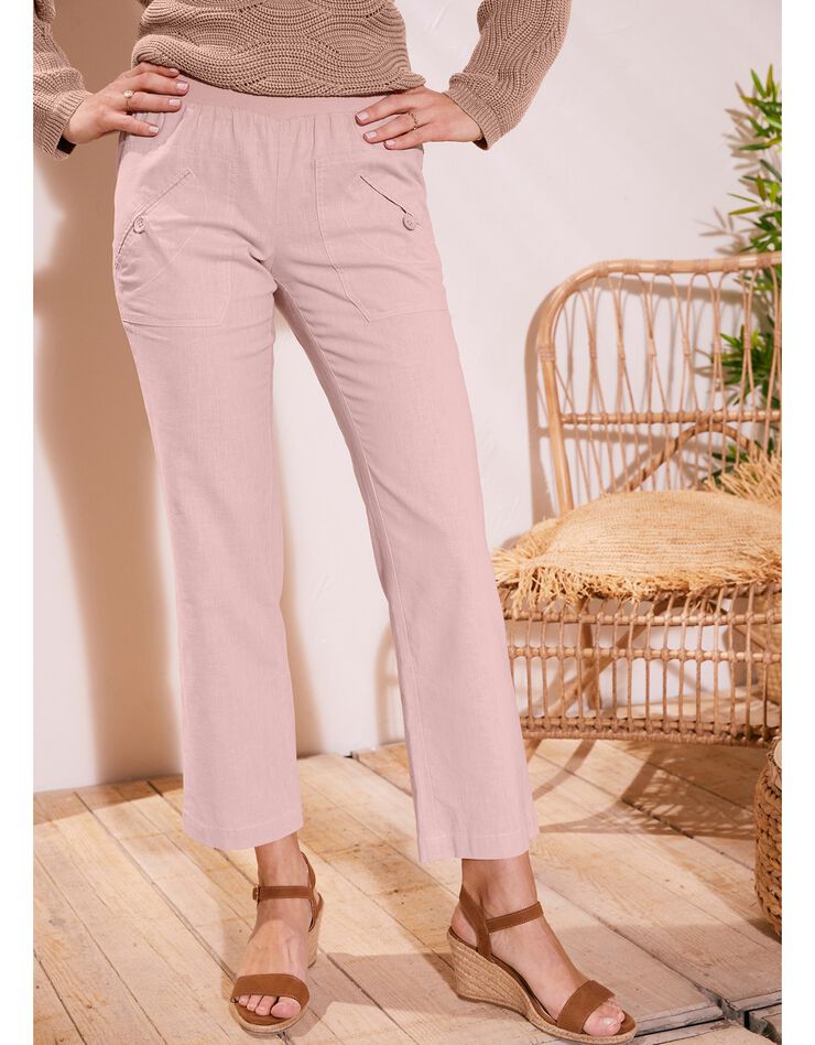 Pantalon coupe droite 7/8ème taille élastiquée, lin coton (rose poudré) Pantalon coupe droite 7/8ème taille élastiquée, lin coton (rose poudré)