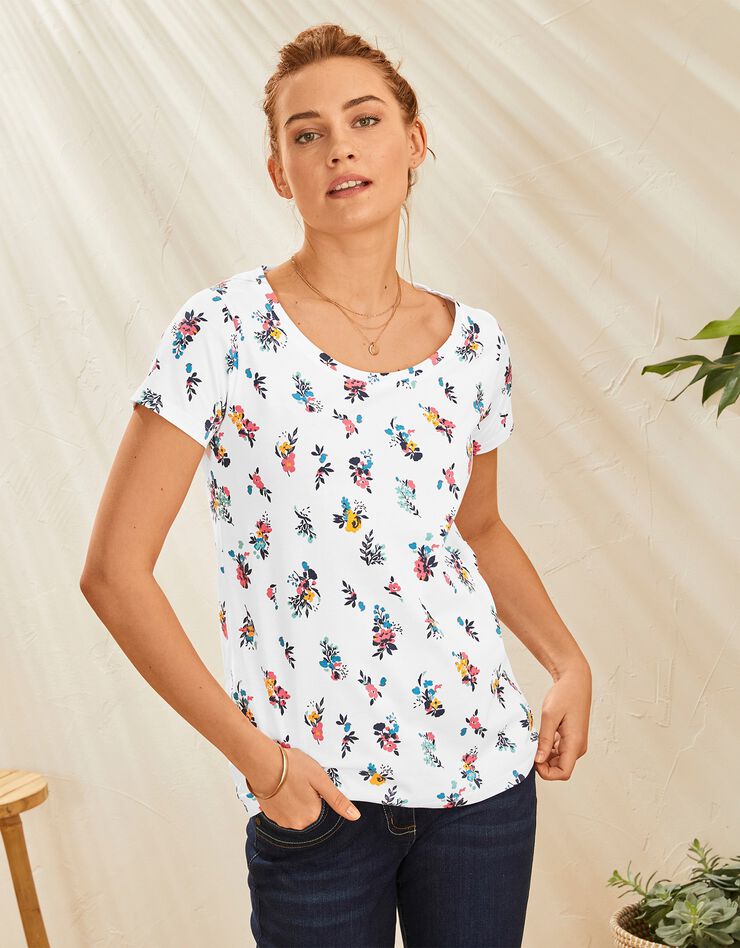 Tee-shirt col rond imprimé fleuri coton bio (blanc) Tee-shirt col rond imprimé fleuri coton bio (blanc)