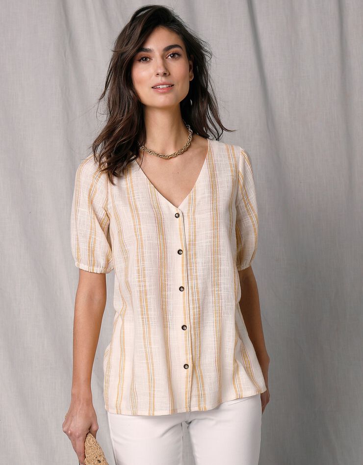 Blouse boutonnée rayée manches aux coudes (blanc cassé / jaune) Blouse boutonnée rayée manches aux coudes (blanc cassé / jaune)