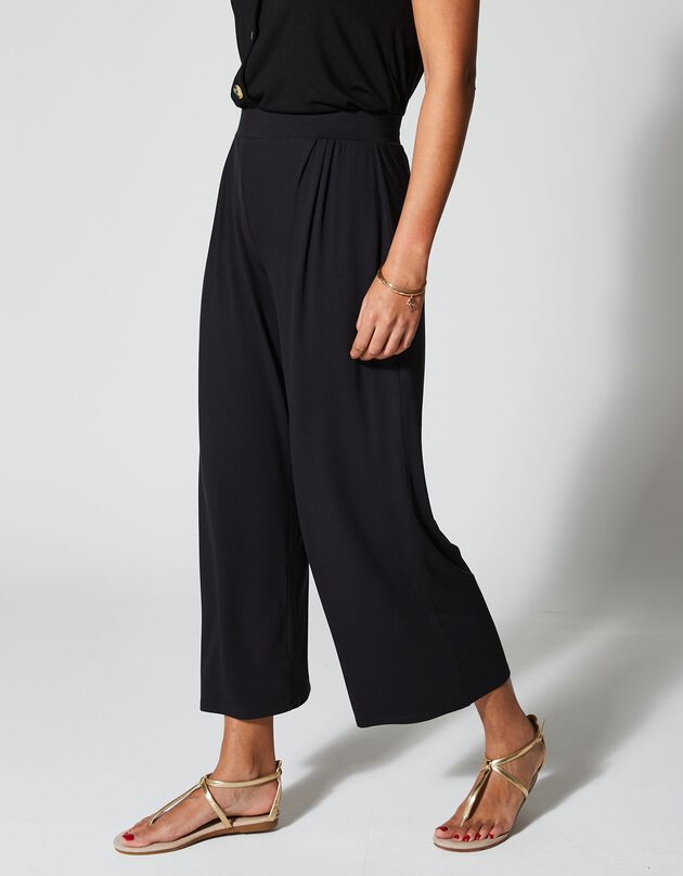 Pantalon large 7/8ème taille élastiquée maille fluide unie (noir)