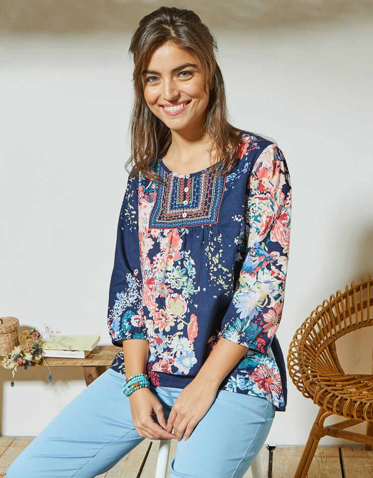 Blouse imprimée fleurs (marine / tomette) Blouse imprimée fleurs (marine / tomette)