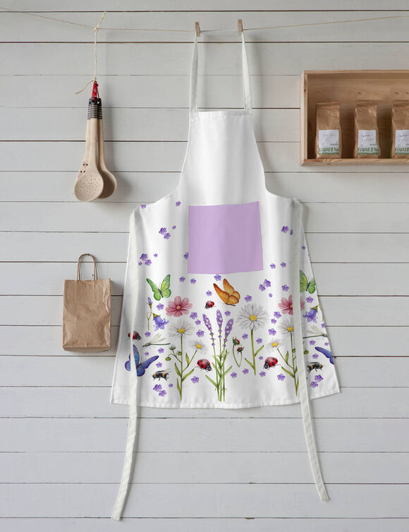 Tablier bavette anti-taches imprimé lavande et papillons (blanc / multicolore)