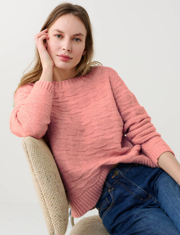 Pull col rond, maille fantaisie en laine m&eacute;lang&eacute;e (rose)