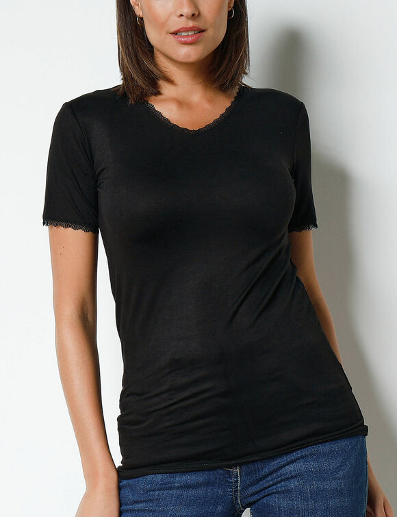 Tee-shirt manches courtes chaleur seconde peau et d&eacute;tails dentelle (noir)