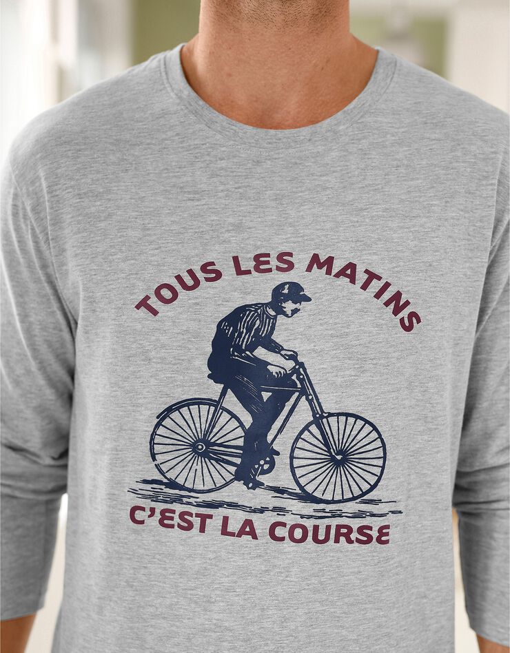 Pyjama motif cycliste message manches longues (gris chiné / bordeaux)