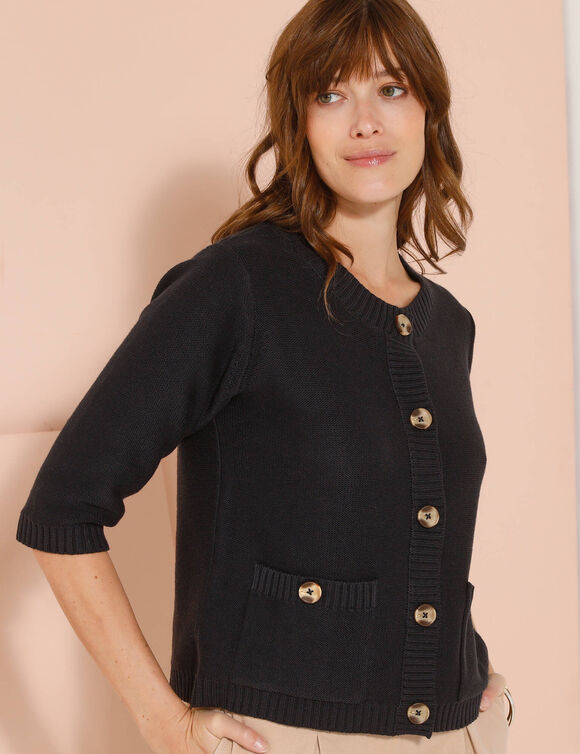 Cardigan boutonn&eacute; &agrave; poches, manches coude (marine)
