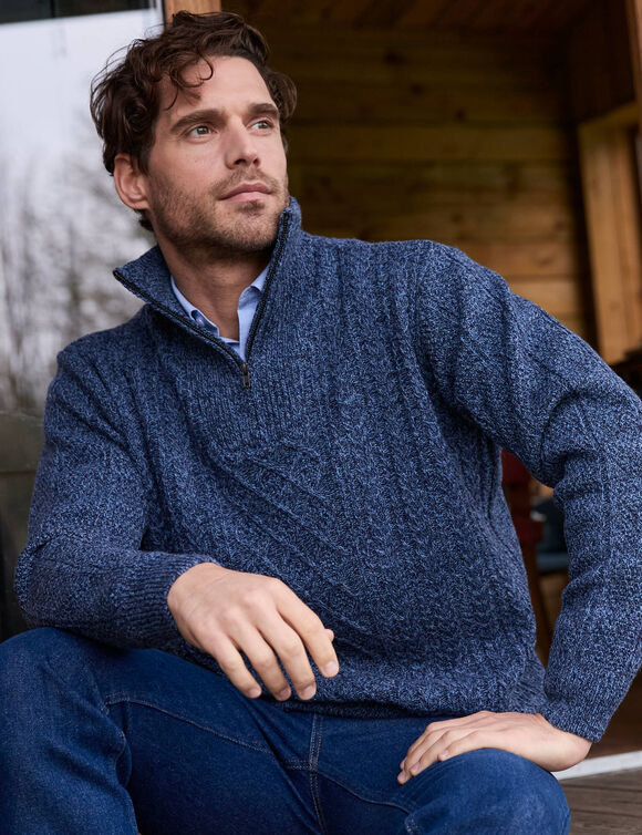 Pull col camionneur maille irlandaise (bleu moulin&eacute;)